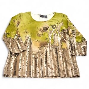 Chico's Additions Cotton 3/4 Sleeve Top Green Cream Brown Trees Owls Sz 2 (L/12)